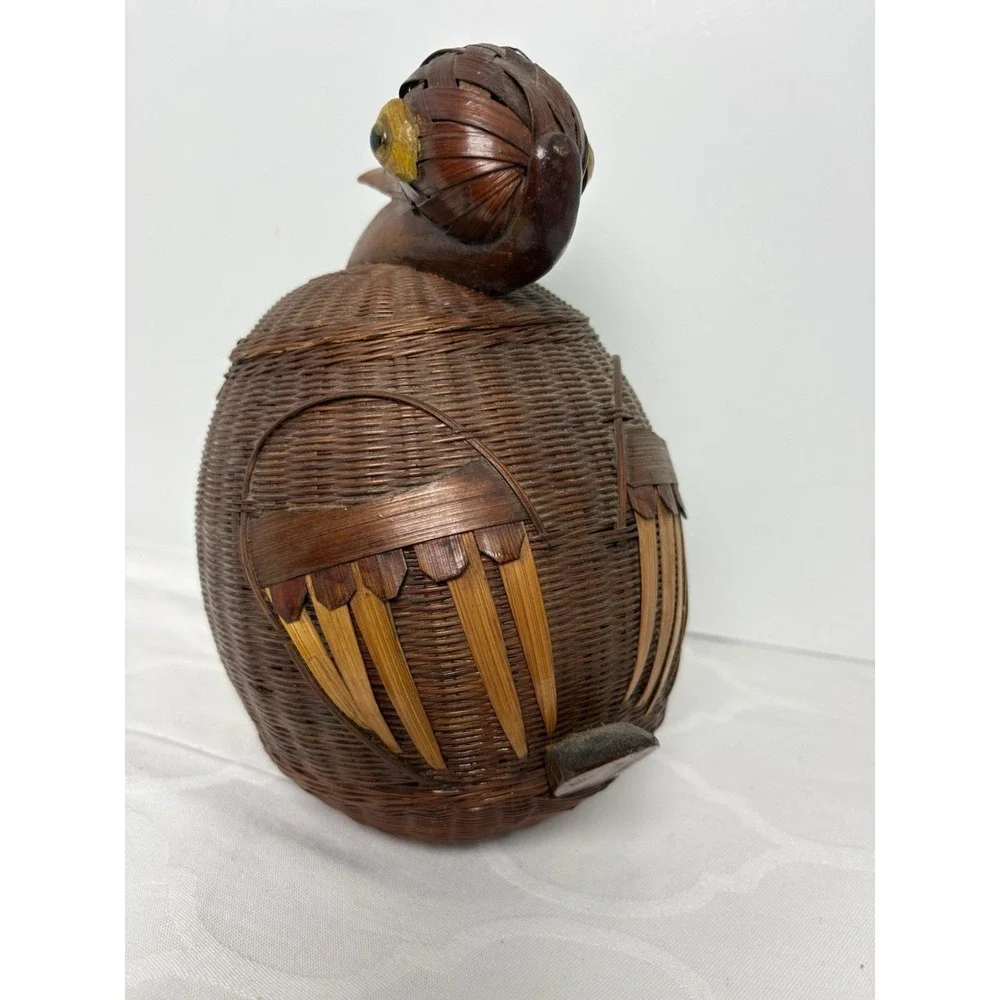 Vintage Wicker Bamboo Duck Basket with Lid Storage Trinket Hand Crafted Rare 40s